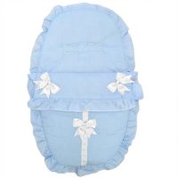 Plain Sky/ White Car Seat Footmuff/Cosytoes With Large Bows & Lace